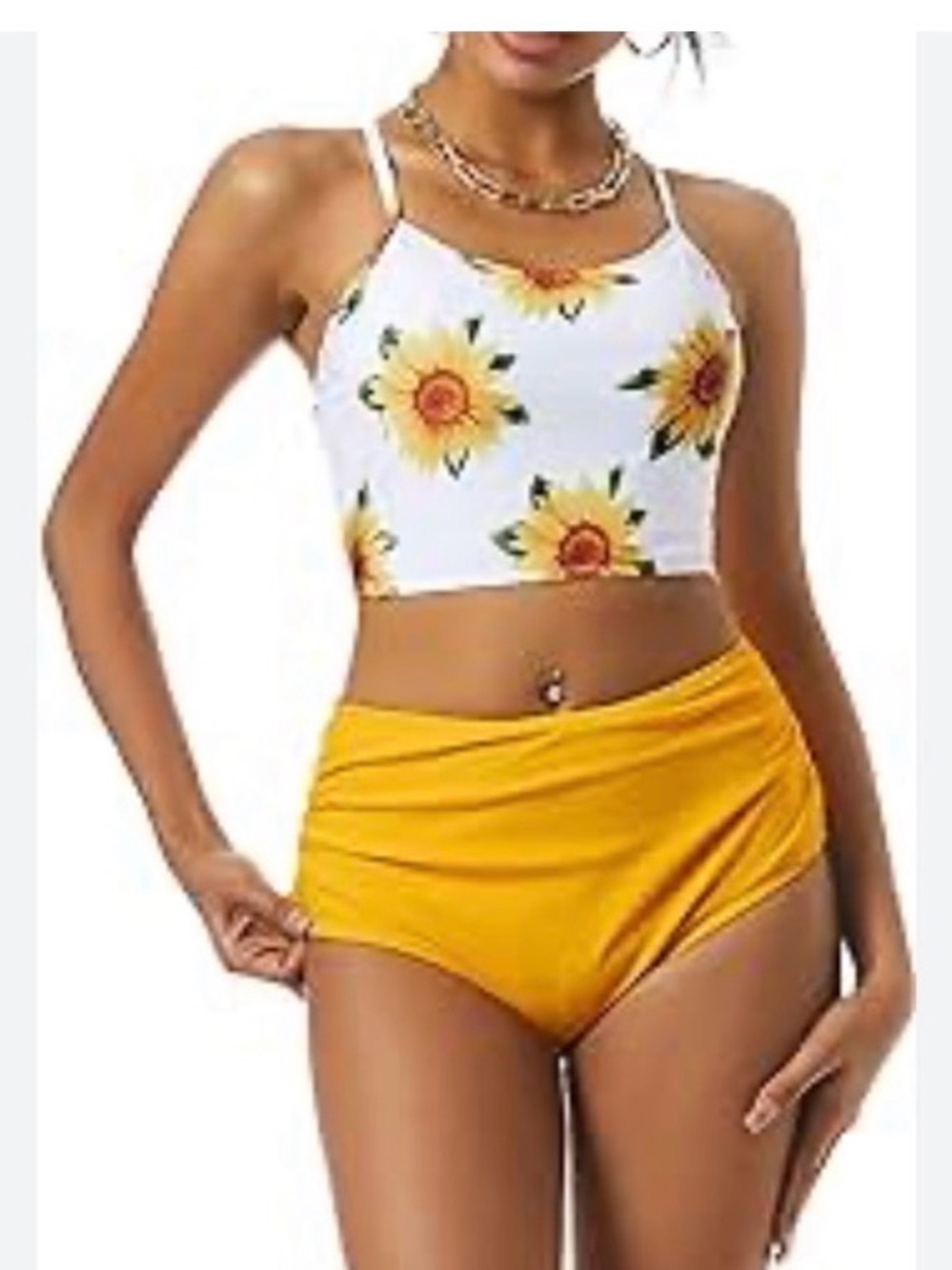 Zaful Sunflower Print Cropped Tank Top & High-Waist Bottoms White & Yellow  sz s